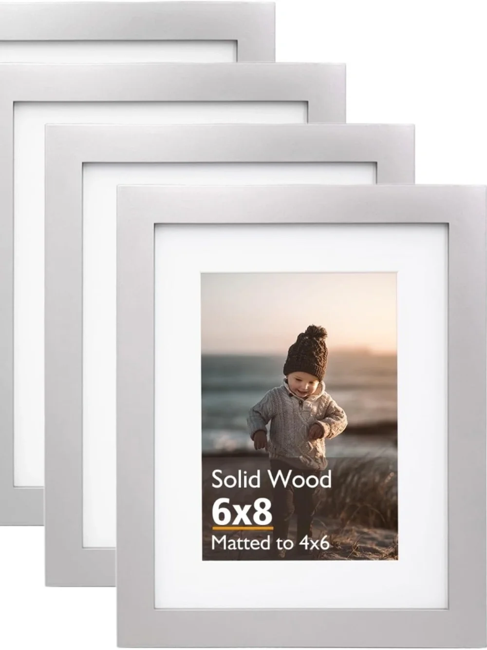 Picture Frame Light Grey 6x8, Solid Wood Frames with Acrylic Plexiglass Set of 4